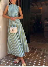 Sleeveless Ruffle High Neck Smocked Stripe Midi Dress