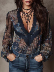 Boho Vintage Floral Blouse Sheer Lace Shirt