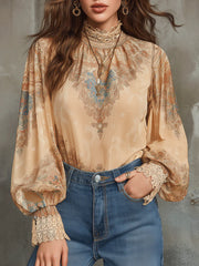 Vintage Baroque High-Neck Printed Chiffon Blouse