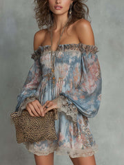 Off-Shoulder Smocked Chiffon Mini Dress