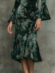 Vintage Emerald Floral Velvet With Flared Sleeves Midi Dress
