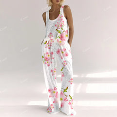 Colordate Women's Watercolor Flower Pink Floral Print Cotton Vest and Pants Set