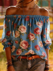 Blue Rose Floral Off-Shoulder Blouse - Romantic Garden Top