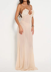 3D Flower Applique Sheer Mesh Maxi Dress