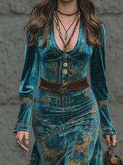 Retro-Chic Luxury Blue-Green Velvet Ruffled Hem Midi Dress