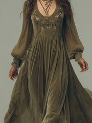 Retro Lantern Sleeve Embroidered Chiffon Maxi Dress