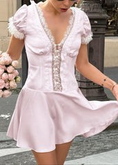 Pink Satin Lace Puff Sleeve Mini Dress