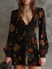 Retro Floral Print Pleated Waist Velvet Mini Dress