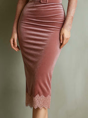 Vintage Lace-trimmed Polyester Velvet Midi Dress