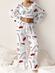 Women's Christmas Candy Cane Pattern Long Sleeve Pant Suit