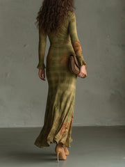 Retro Plaid Rose Print Slim Fit Fishtail Cotton Blend Maxi Dress