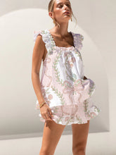 Pink Polka Dot Bow Flower Print Ruffled Trim Short Tank Top Shorts Pajama Set