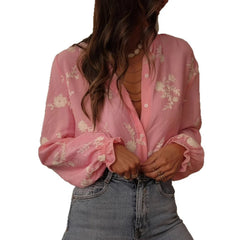 Long Sleeve Printed Top Lapel Lantern Sleeve Shirt