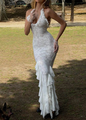 Halter Keyhole Ruffle Bodycon Mermaid Maxi Dress