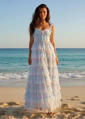Blue Pink Floral Tulle Lace Trim Tiered Corset Maxi Dress