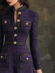 Vintage Buttons Chanel Style Tweed Midi Dress