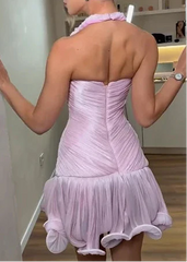 Blush Pink Halter Neck Backless Ruched Mini Dress with Ruffle Hem