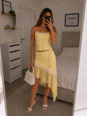Lace Trim Tie-Front Cami And Asymmetric Skirt Set