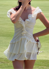 White Off Shoulder Ruffle Ruched Tiered Chiffon Mini Dress