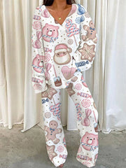 Women's Christmas Santa Claus Pattern V-Neck Long Sleeve Pants Suit