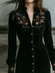 Timeless Boho Black Velvet Embroidered Mini Dress