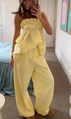 Off-Shoulder Smocked Top And Drawstring Wide-Leg Pants Set