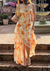 Orange Tie-Dye Floral V-Neck Cami Irregular Ruffle Maxi Dress | Vacation Elegant Beach Dress