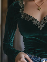 (clearance)V-neck Velvet Lace Slim-fit Long-sleeved Shirt