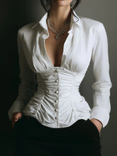 Chic White Ruched Button-Down Corset Blouse