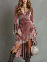 Retro-style Irregular Hem Lace Trim Polyester Velvet Midi Dress