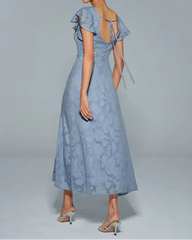 Dusty Blue Square Neck Flutter Sleeve Burnout Floral Back Tie Slit Midi Dress