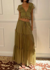 Olive Green Lace Trim Set - French Romantic Two-Piece Set