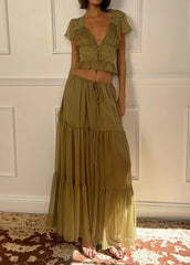 Olive Green Lace Trim Set - French Romantic Two-Piece Set