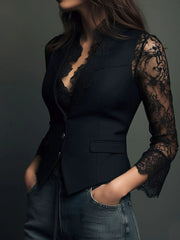 Elegant Black Lace Panel Sleeve Blazer Top Vest