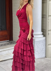 Burgundy Halter Ruched Rose Accent Ruffled Backless Maxi Dress