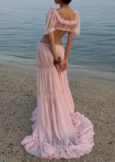Puff Sleeve Backless Top & Tiered Maxi Skirt Set