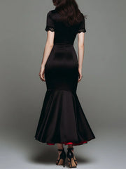 Elegant Satin Red Lined Fishtail Maxi Dress With Lace Trim