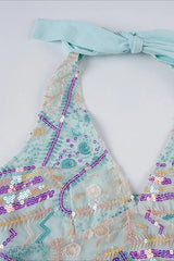 Sequin V Neck Tie Back Halter Top