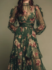 Vintage Floral Tiered Chiffon Maxi Dress