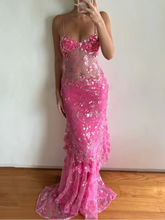 Pink Floral Beaded Sheer Mesh Spaghetti Strap Mermaid Train Evening Maxi Dress