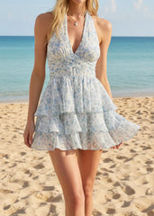 Blue Floral Chiffon Halter Tiered Ruffle Mini Dress