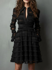 Quiet Luxury Black Fringe Textured Sheer Layered Dress