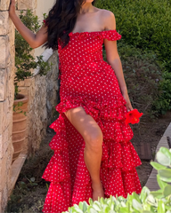 Polka Dot Off-Shoulder Tiered Ruffle Chiffon Maxi Dress