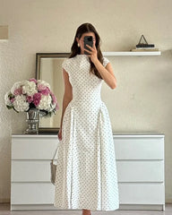 French Vintage Polka Dot Stand Collar Waist-Cinching Flare Maxi Dress | Elegant Commuter Slimming A-Line Dress