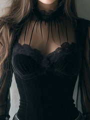Chic Black Velvet Sheer Sleeves Corset Top With Lace Trim