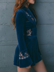 Boho Blue Velvet Zipper Front Lace Trim Embroidered Mini Dress
