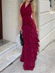 Burgundy Halter Ruched Rose Accent Ruffled Backless Maxi Dress
