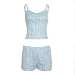 Boho Floral Gingham Lace Trim Cami & Shorts Loungewear Set
