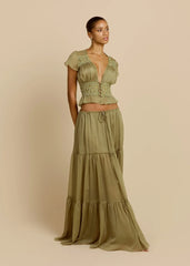 Olive Green Lace Trim Set - French Romantic Two-Piece Set