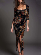 Vintage Lace-trimmed Slit Hem Floral Leopard Print Polyester Satin Midi Dress